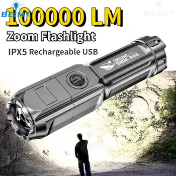 100000LM Výkonné LED Baterka USB Nabíjanie Taktické Flash Light premenné Zameranie Dlhý Rad Pochodeň Vonkajšie Vodotesný, Baterka