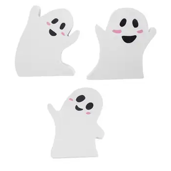 3 Pack Roztomilé Biele Ghosts Šťastný Halloween Drevené Vrchol Známky Halloween Stolové Dekorácie Trick Or Treat Prop