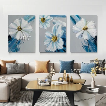 3ks Kvetinový Maliarske Umenie Stenu Abstraktné Domova Nôž Biele Modré Kvety Obraz bez rámu Plátno, Akryl Dizajn, Moderné umelecké Diela