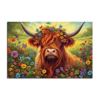 Abstrakt Highland Dobytka a Kvety Maľba, Akvarel Wall Art, Zvierat Plátno, Tlač Plagátu, Obrazu pre Dieťa Miestnosti Domova