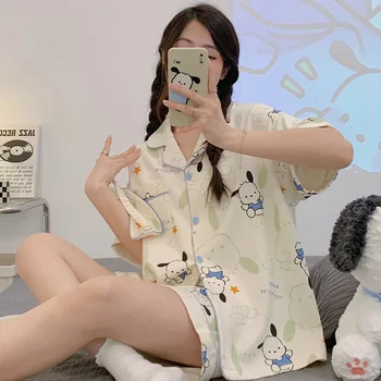 Anime Sanrio Pochacco Kawaii Pyžamo dámske Letné Krátke Rukávy Šortky Nové Kreslené Domáce Oblečenie Dve Sady Môžu Byť Nosené Mimo