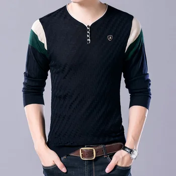 COODRONY Módne Kontrastné tvaru s Dlhým Rukávom T-shirt Tenké Voľné Pohodlné Topy Populárne pánske Oblečenie Knitwear W5639