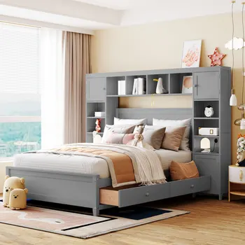 Drevená Posteľ,Full Size posteľ,Mládež posteľ,Moderný Jednoduchý dizajn posteľ S All-in-One Skrinka,Polica & Flexibilný úložný priestor,pre spálne