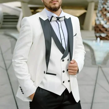 Elegantné Obleky pre Mužov 3 Ks Biele Sako, Vesta s Black Klope Formálne Business Svadby Ženích Najlepší Muž Šaty Nosiť Smoking