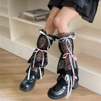 Harajuku Girls Sladké Čierne Biele Čipky Leg Warmers Ponožky Japonský Lolita Kawaii Ružová Luk Volánikmi Nohu Zahŕňa