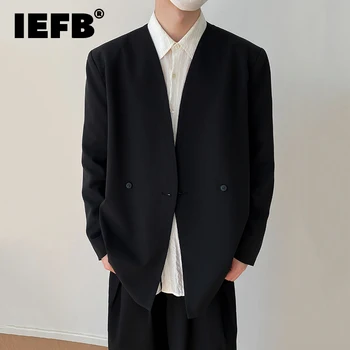 IEFB Collarless Vyhovovali Kabát Voľné Obchodné Bežné Mužov kórejský Módne Tmavé Oblečenie 2023 Nové Elegantné Topy Farbou Blejzre 9C1952