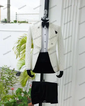 Luxusné pánske Obleky na Mieru 2 Ks Biele Sako Čierne Nohavice Jedno Tlačidlo Široký Klope Korálky Formálne Plus Veľkosť Smoking Zákazku