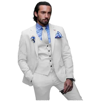 Najnovšie Dizajn, Elegantné Biele Muži Obleky, Kostýmy Homme Svadobný 3 Kusy Drážkou Klope Saka Slim Fit Formálne Najlepších Mužov Ženícha Nosenie