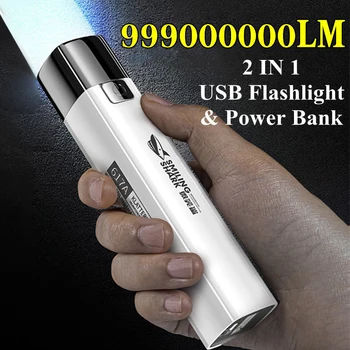 Nový 2 v 1 999000000LM Super Svetlé Taktické LED Baterky Power Bank Vonkajšie Osvetlenie Mini Horák, 3 Režimy s USB Nabíjací Kábel