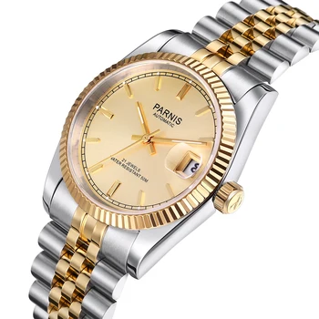 Parnis 36 MM Gold Dial Muži Mechanické Automatické Hodinky Ženy Sapphire Crystal Kalendár Luxusné pánske Hodinky reloj hombre Muž Hodiny