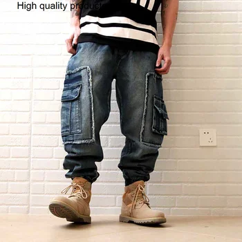 Plus Veľkosť Voľné Neforemné Jeans pánske Bežné Denim Cargo Nohavice Taktické Nohavice Štýlu Veľké Nohu Vrecku Streetwear Hiphop
