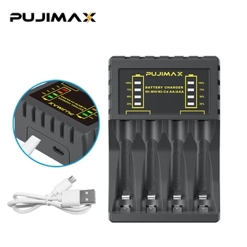 PUJIMAX 4-Slotu, LED Svetlo, Napájanie Displej Nabíjačka pre AAA/AA Nabíjateľné Batérie Nabíjačka Micro USB/Typ-C Jack Vstup