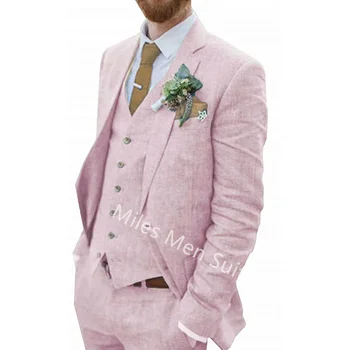 Pánske Oblek 3 Ks Pravidelné Nosenie Elegantné Ružové Bielizeň Svadby Ženích Najlepší Muž Šaty Bunda Vesta Nohavice Summer Beach Mužské Oblečenie Sady