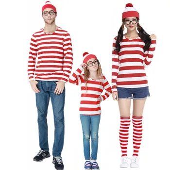 Rodič-dieťa Halloween Wheres Wally Cosplay Kostým Vianočné Pruhované Tričko Klobúk, Okuliare Ponožky Oblek pre Deti Dospelých