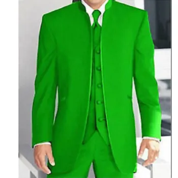 Vlastný 3 Kus Zelenej Mandarínky Golier Obleky Mužov Formálne Svadby Žiadne Tlačidlo Strana Tuxedos
