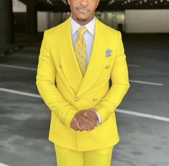 Žlté Pánske Obleky 2 Ks Slim Fit Šatkou Klope Zlatom Tlačidlá Sako Sady Príčinné Mužské Oblečenie na Denné Nosenie, Vyrobené na Mieru